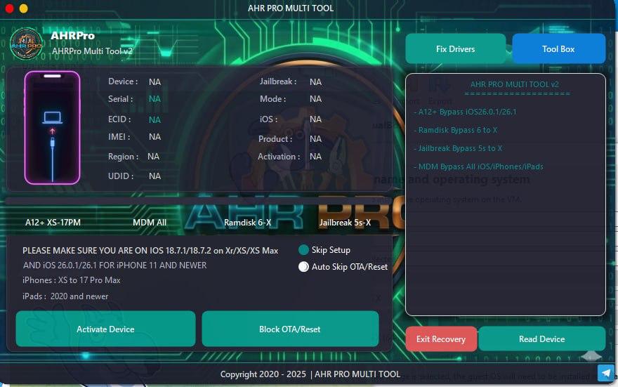 AHR PRO Multi Tool A12+  Activator Windows Tool BYPASS SIGNAL 18.7.2 iOS Supported Xr Xs Xs Max